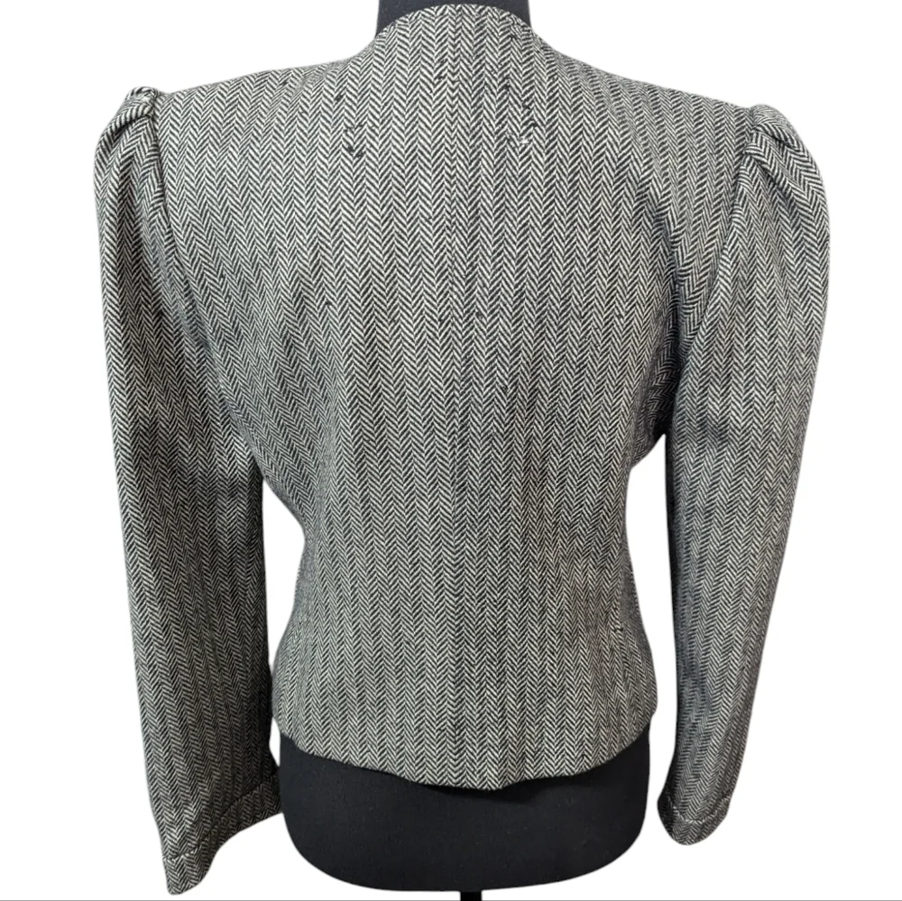 Vintage 80s Cashmere Wool Herringbone Puff Shoulder Cropped Jacket Sz 4 - Picture 9 of 15